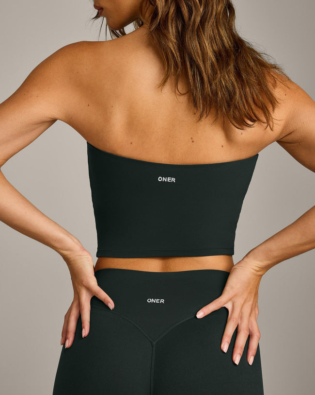 SoftMotion™ Bandeau Mid Tank Top with Built in Bra Shelf with Gray Logo | Emerald Noir