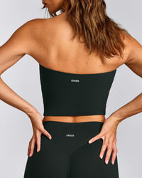 SoftMotion™ Bandeau Mid Tank Top with Built in Bra Shelf with Gray Logo | Emerald Noir