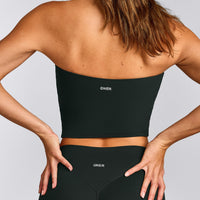 SoftMotion™ Bandeau Mid Tank Top with Built in Bra Shelf with Gray Logo | Emerald Noir