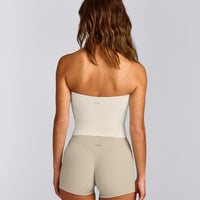SoftMotion™ Bandeau Mid Tank Top with Built in Bra Shelf with Gray Logo | Marshmallow White