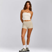 SoftMotion™ Bandeau Mid Tank Top with Built in Bra Shelf with Gray Logo | Marshmallow White