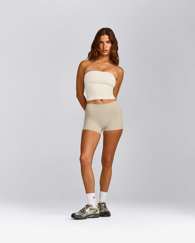 SoftMotion™ Bandeau Mid Tank Top with Built in Bra Shelf with Gray Logo | Marshmallow White