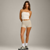 SoftMotion™ Bandeau Mid Tank Top with Built in Bra Shelf with Gray Logo | Marshmallow White