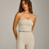 SoftMotion™ Bandeau Mid Tank Top with Built in Bra Shelf with Gray Logo | Oatmeal