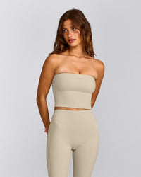SoftMotion™ Bandeau Mid Tank Top with Built in Bra Shelf with Gray Logo | Oatmeal