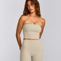 SoftMotion™ Bandeau Mid Tank Top with Built in Bra Shelf with Gray Logo | Oatmeal