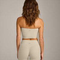 SoftMotion™ Bandeau Mid Tank Top with Built in Bra Shelf with Gray Logo | Oatmeal