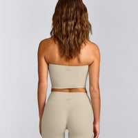SoftMotion™ Bandeau Mid Tank Top with Built in Bra Shelf with Gray Logo | Oatmeal
