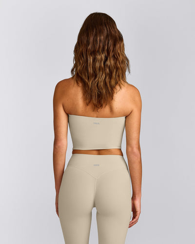 SoftMotion™ Bandeau Mid Tank Top with Built in Bra Shelf with Gray Logo | Oatmeal