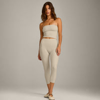 SoftMotion™ Bandeau Mid Tank Top with Built in Bra Shelf with Gray Logo | Oatmeal