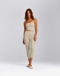 SoftMotion™ Bandeau Mid Tank Top with Built in Bra Shelf with Gray Logo | Oatmeal