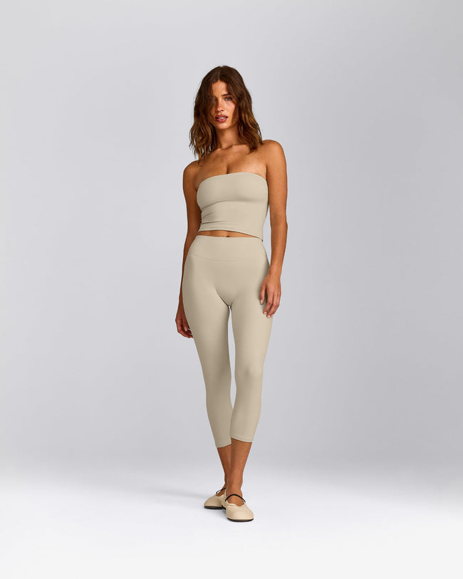 SoftMotion™ Bandeau Mid Tank Top with Built in Bra Shelf with Gray Logo | Oatmeal