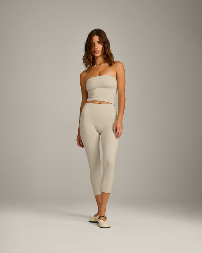SoftMotion™ Bandeau Mid Tank Top with Built in Bra Shelf with Gray Logo | Oatmeal