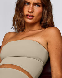 SoftMotion™ Bandeau Mid Tank Top with Built in Bra Shelf with Gray Logo | Oatmeal