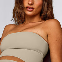 SoftMotion™ Bandeau Mid Tank Top with Built in Bra Shelf with Gray Logo | Oatmeal