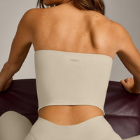 SoftMotion™ Bandeau Mid Tank Top with Built in Bra Shelf with Gray Logo | Oatmeal