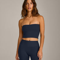 SoftMotion™ Bandeau Mid Tank Top with Built in Bra Shelf with Gray Logo | True Blue