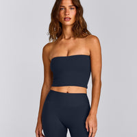 SoftMotion™ Bandeau Mid Tank Top with Built in Bra Shelf with Gray Logo | True Blue