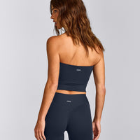SoftMotion™ Bandeau Mid Tank Top with Built in Bra Shelf with Gray Logo | True Blue