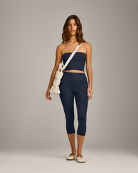 SoftMotion™ Bandeau Mid Tank Top with Built in Bra Shelf with Gray Logo | True Blue
