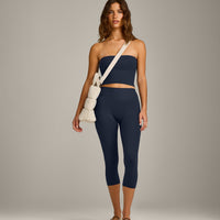 SoftMotion™ Bandeau Mid Tank Top with Built in Bra Shelf with Gray Logo | True Blue