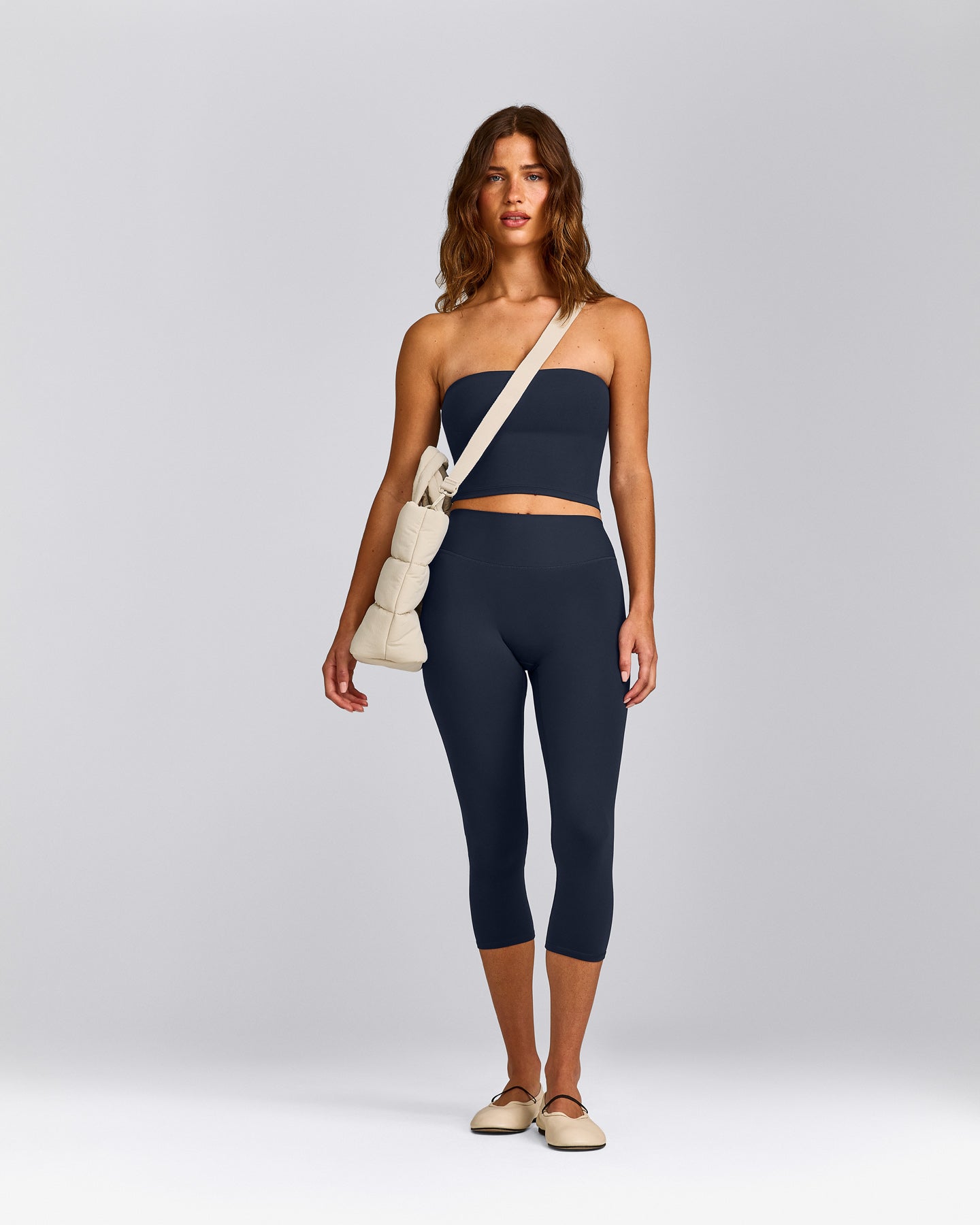 SoftMotion™ Bandeau Mid Tank Top with Built in Bra Shelf with Gray Logo | True Blue