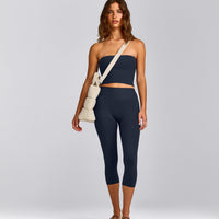SoftMotion™ Bandeau Mid Tank Top with Built in Bra Shelf with Gray Logo | True Blue