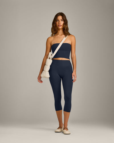 SoftMotion™ Bandeau Mid Tank Top with Built in Bra Shelf with Gray Logo | True Blue
