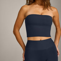 SoftMotion™ Bandeau Mid Tank Top with Built in Bra Shelf with Gray Logo | True Blue