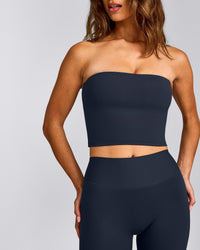 SoftMotion™ Bandeau Mid Tank Top with Built in Bra Shelf with Gray Logo | True Blue