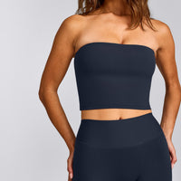 SoftMotion™ Bandeau Mid Tank Top with Built in Bra Shelf with Gray Logo | True Blue
