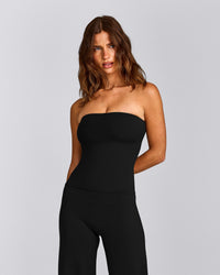 SoftMotion™ Bandeau Tank Top with Built in Bra Shelf with Gray Logo | Black