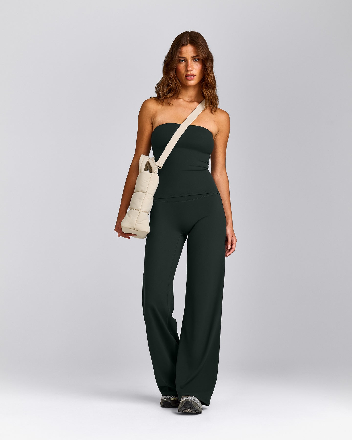 SoftMotion™ Bandeau Tank Top with Built in Bra Shelf with Gray Logo | Emerald Noir