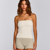 SoftMotion™ Bandeau Tank Top with Built in Bra Shelf with Gray Logo | Marshmallow White