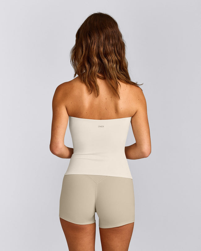 SoftMotion™ Bandeau Tank Top with Built in Bra Shelf with Gray Logo | Marshmallow White
