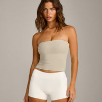 SoftMotion™ Bandeau Tank Top with Built in Bra Shelf with Gray Logo | Oatmeal