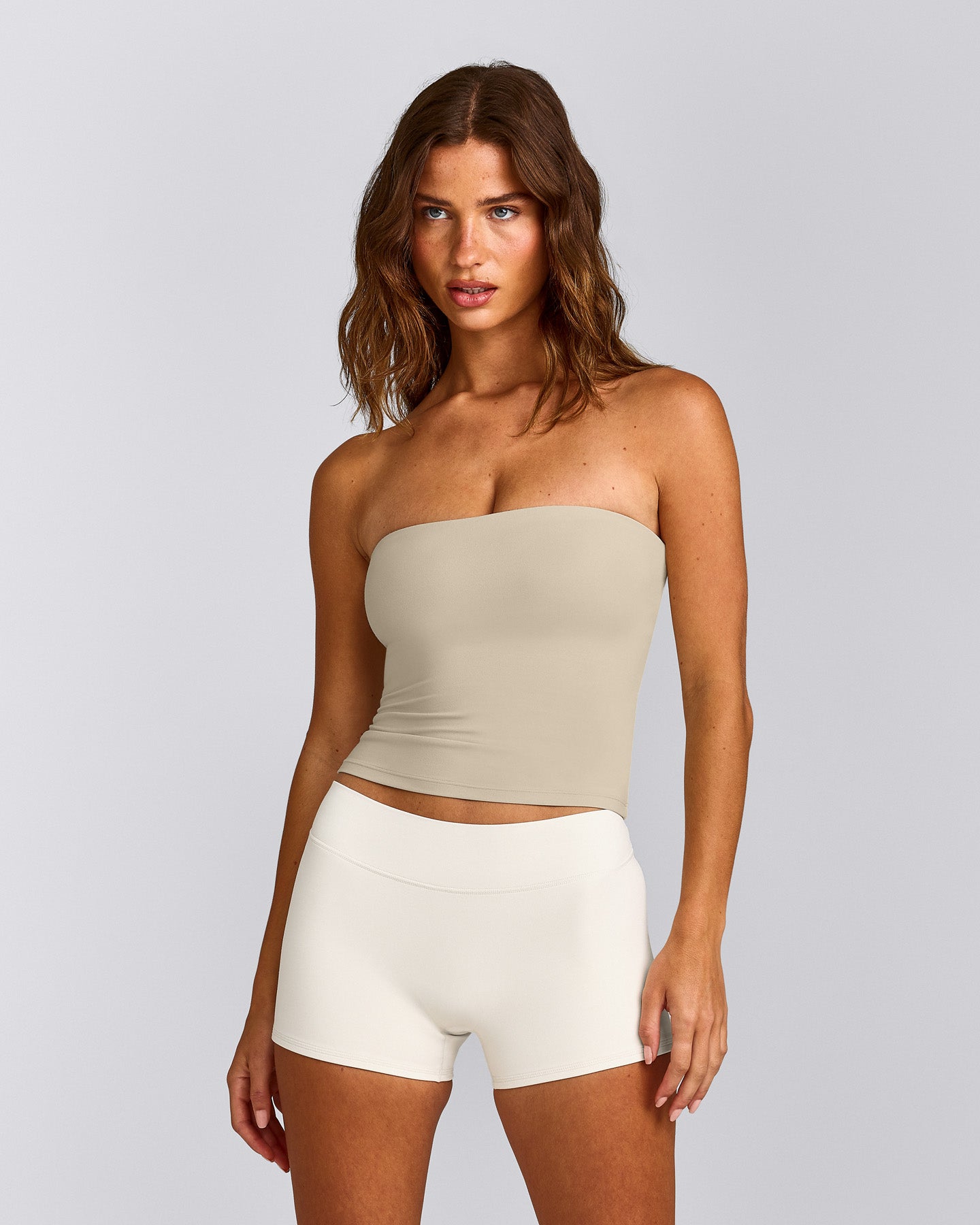 SoftMotion™ Bandeau Tank Top with Built in Bra Shelf with Gray Logo | Oatmeal
