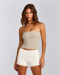 SoftMotion™ Bandeau Tank Top with Built in Bra Shelf with Gray Logo | Oatmeal