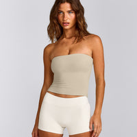 SoftMotion™ Bandeau Tank Top with Built in Bra Shelf with Gray Logo | Oatmeal