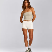 SoftMotion™ Bandeau Tank Top with Built in Bra Shelf with Gray Logo | Oatmeal