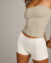 SoftMotion™ Bandeau Tank Top with Built in Bra Shelf with Gray Logo | Oatmeal