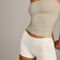 SoftMotion™ Bandeau Tank Top with Built in Bra Shelf with Gray Logo | Oatmeal