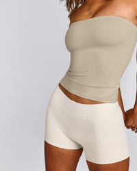 SoftMotion™ Bandeau Tank Top with Built in Bra Shelf with Gray Logo | Oatmeal