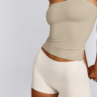 SoftMotion™ Bandeau Tank Top with Built in Bra Shelf with Gray Logo | Oatmeal
