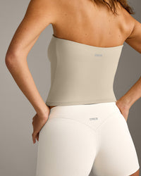 SoftMotion™ Bandeau Tank Top with Built in Bra Shelf with Gray Logo | Oatmeal