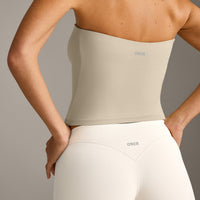 SoftMotion™ Bandeau Tank Top with Built in Bra Shelf with Gray Logo | Oatmeal
