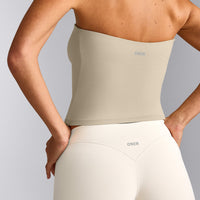 SoftMotion™ Bandeau Tank Top with Built in Bra Shelf with Gray Logo | Oatmeal