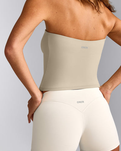 SoftMotion™ Bandeau Tank Top with Built in Bra Shelf with Gray Logo | Oatmeal