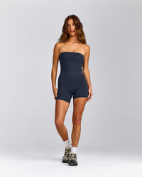 SoftMotion™ Bandeau Tank Top with Built in Bra Shelf with Gray Logo | True Blue