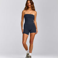 SoftMotion™ Bandeau Tank Top with Built in Bra Shelf with Gray Logo | True Blue